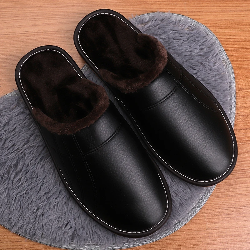 棉拖鞋家居冬季保暖pu皮室内防滑地板男女情侣短毛绒居家皮拖鞋