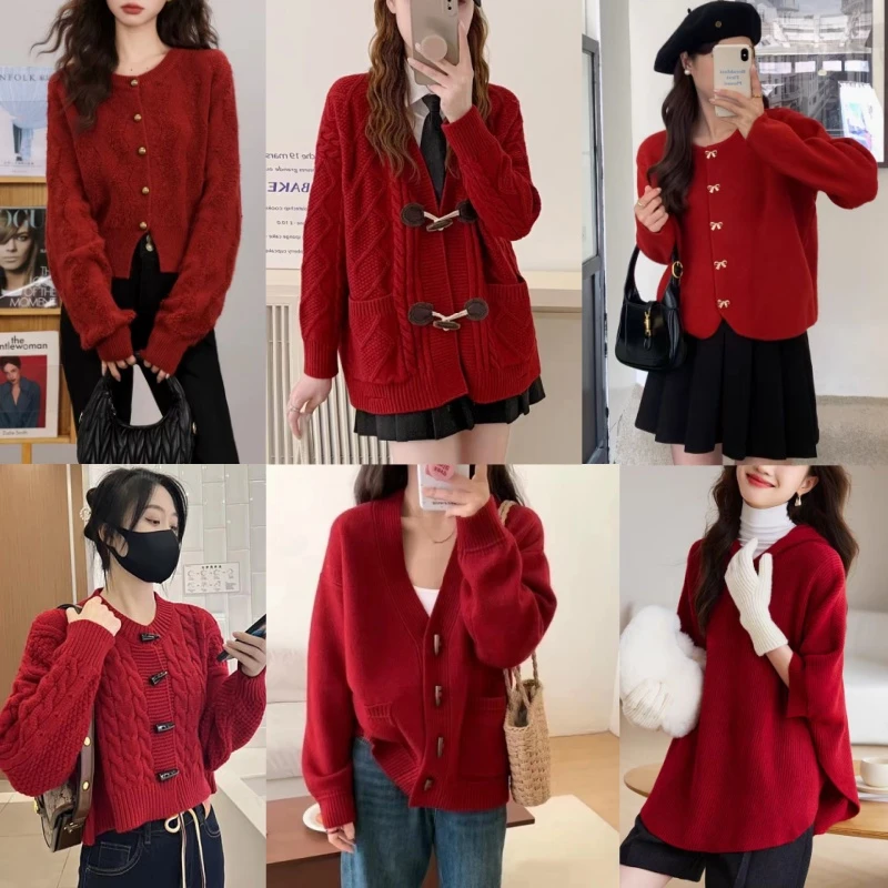【001-200】毛衣女秋冬季红色宽松外搭洋气外穿针织开衫女装中