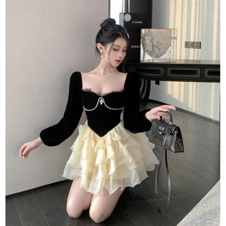 2024秋新款法式连衣裙高级感女秋冬丝绒拼接小香风公主千金蓬蓬裙