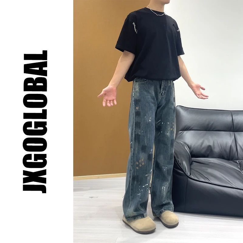 JXGOGLOBAL原创设计甩墨印花工艺做旧宽松直筒牛仔裤显瘦小众长裤