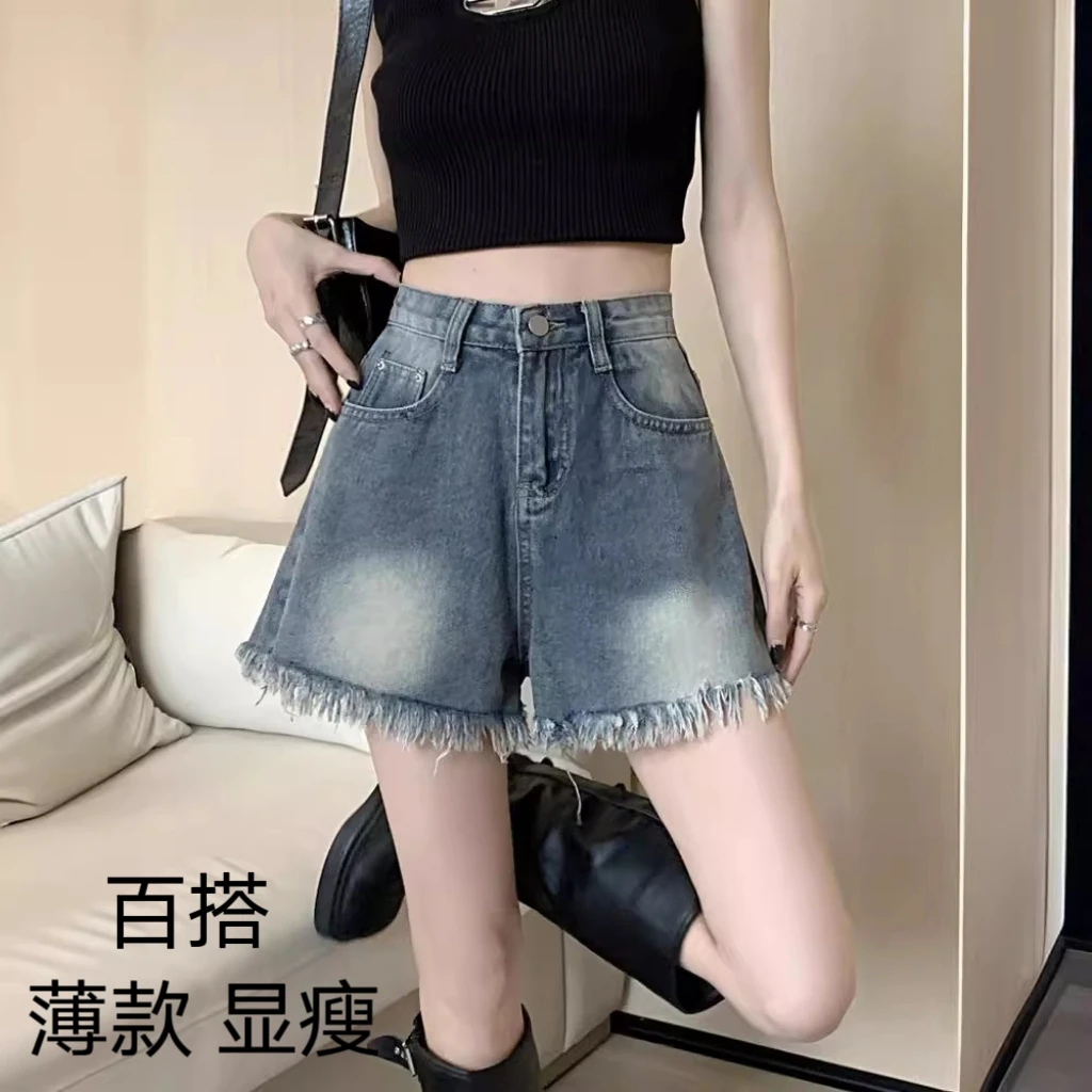 夏季薄款毛边小众设计感大码胖mm牛仔短裤女高腰辣妹A字阔腿热裤