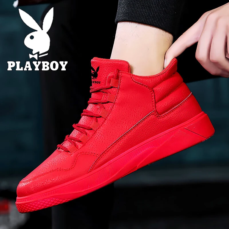 花花公子男鞋秋冬款红色加绒保暖板鞋男士运动鞋高帮休闲鞋子男款