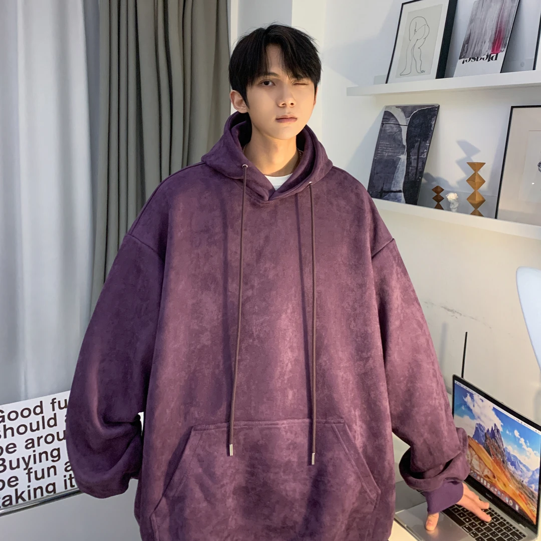 仿麂皮绒紫色连帽卫衣男春秋潮牌美式oversize高级感宽松大码外套