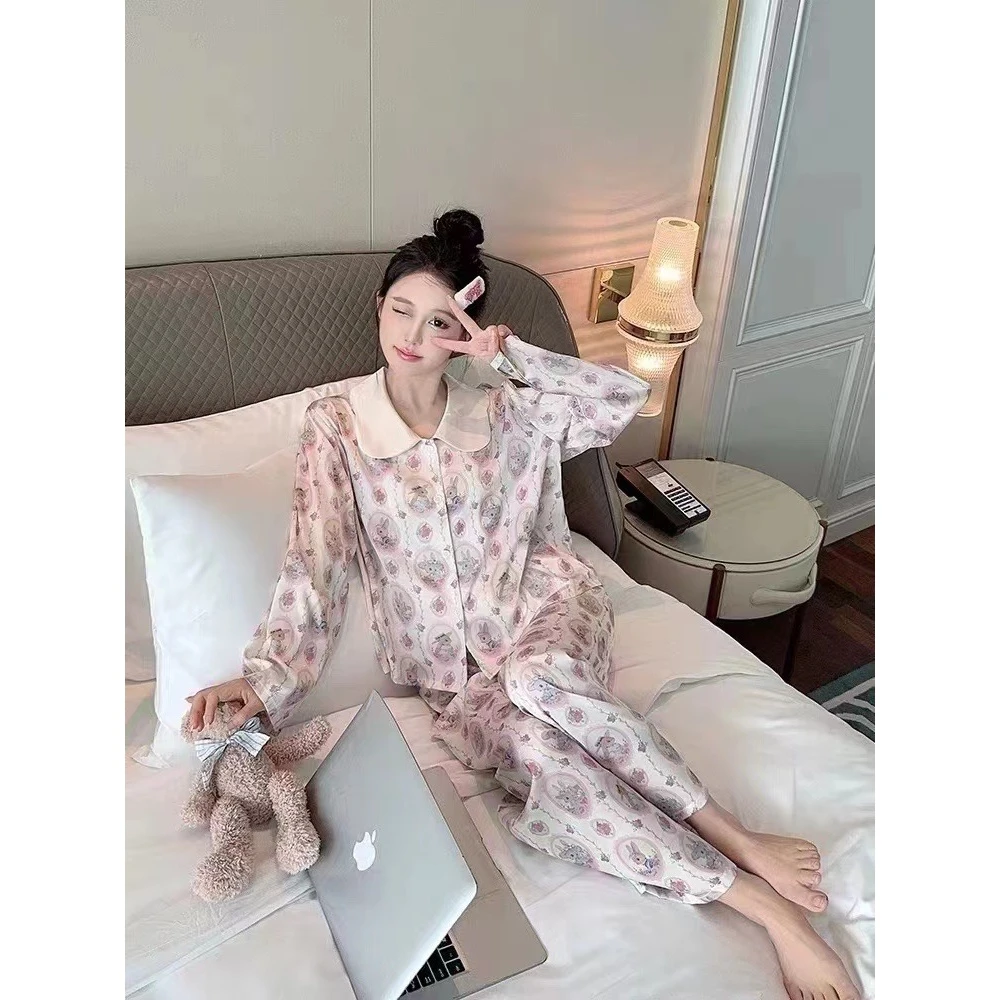2024【美兔日记】冰丝爆款长袖睡衣女田园风网红春夏薄款韩版家居