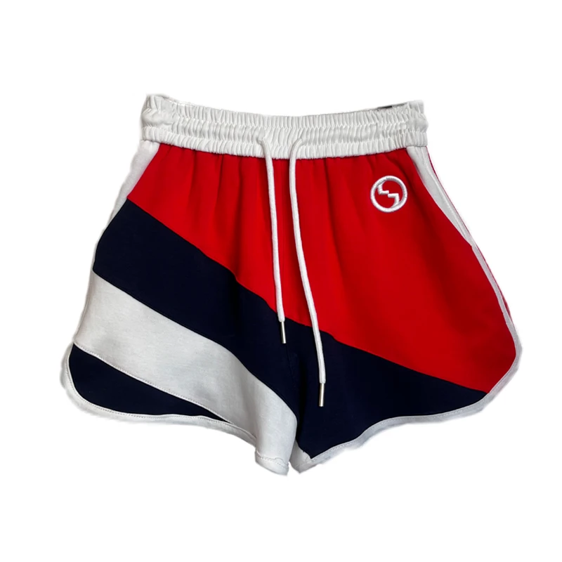 【炫彩之蓝】撞色短裤拼色条纹休闲风高腰宽松时尚百搭短裤 09-2336