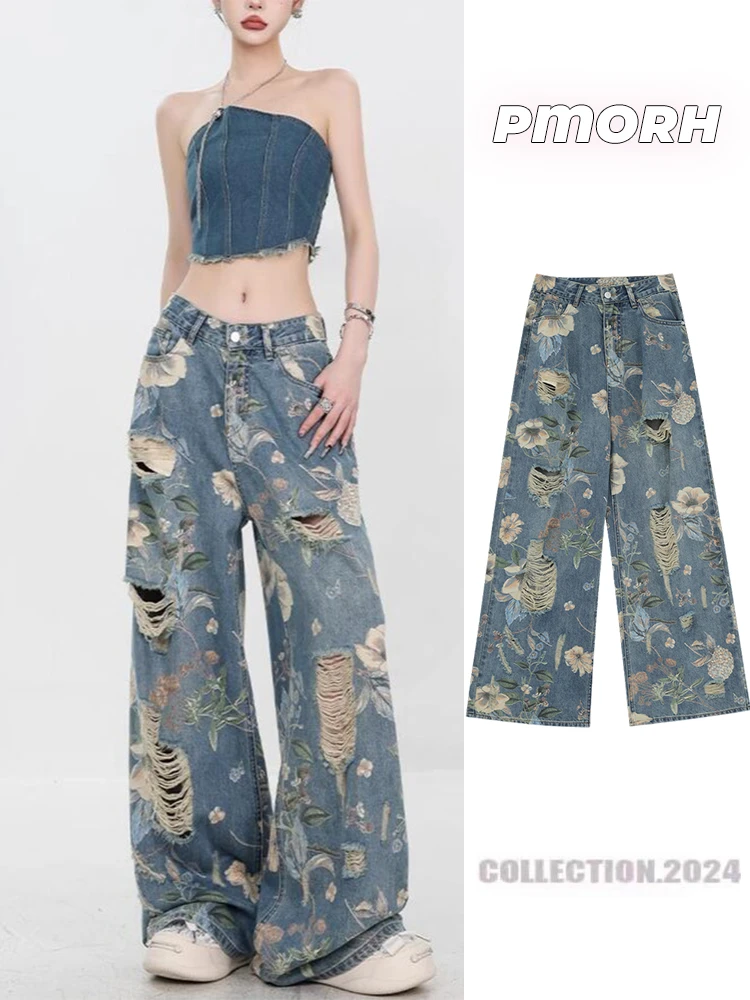 美式复古印花设计阔腿破洞牛仔裤女秋季高腰显瘦宽松直筒拖地长裤