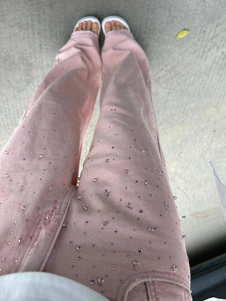 设计感粉色烫钻休闲阔腿牛仔裤女秋季百搭高腰显瘦宽松直筒长裤子