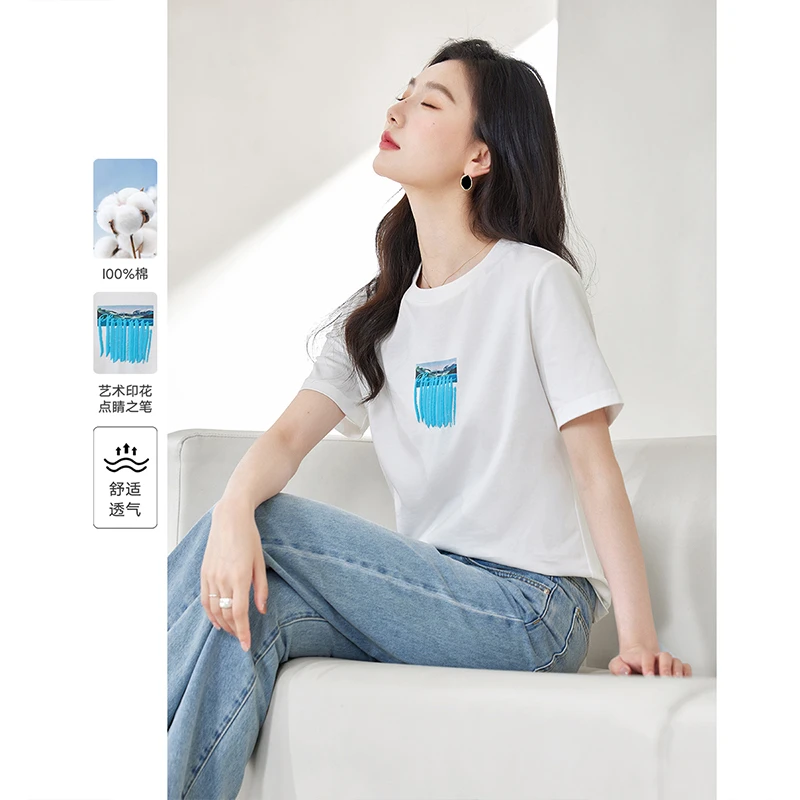 *梵希蔓2025夏季新款艺术休闲百搭宽松印花纯棉短袖T恤M7682透气