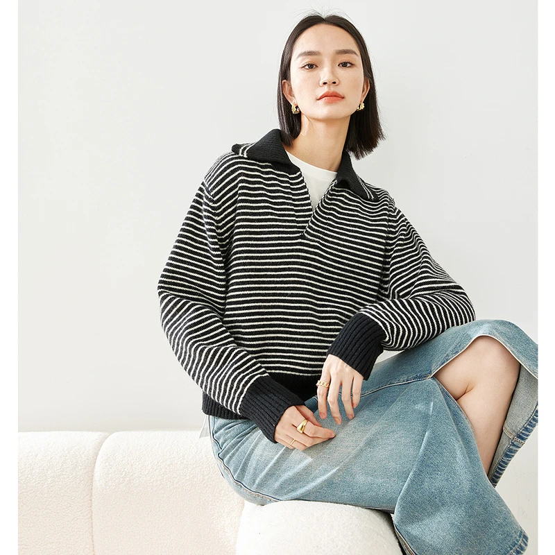 【郭尔越专属】梵希蔓翻领针织衫厚款保暖条纹套头毛衣72652