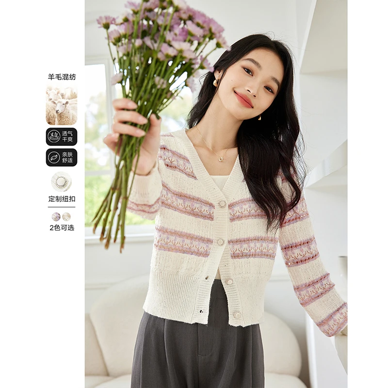 *梵希蔓 v领条纹针织开衫温柔风镂空宽松百搭毛衣73267