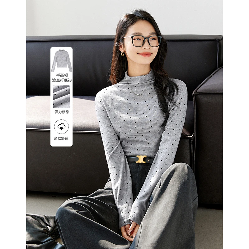 *梵希蔓 半高领波点针织打底衫女新款内搭长袖T恤修身上衣M9333