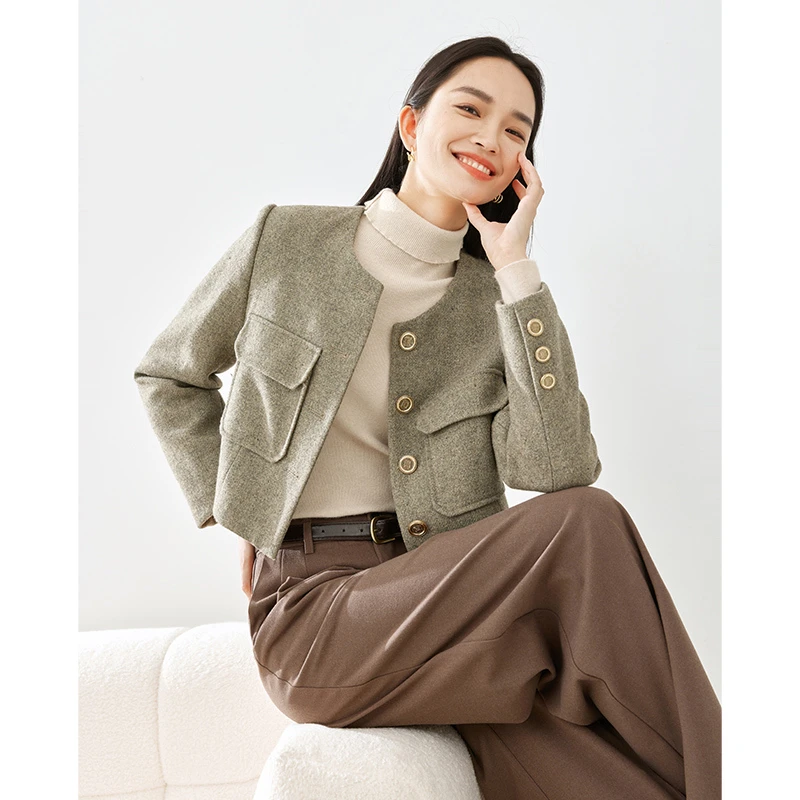 【郭尔越专属】梵希蔓小香风呢外套羊毛混纺圆领毛呢短外套M5325