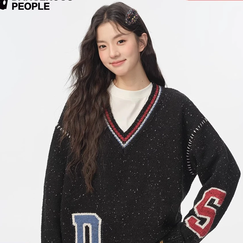 Dangerouspeople薛之谦dspV领字母潮酷提花宽松情侣百搭针织衫