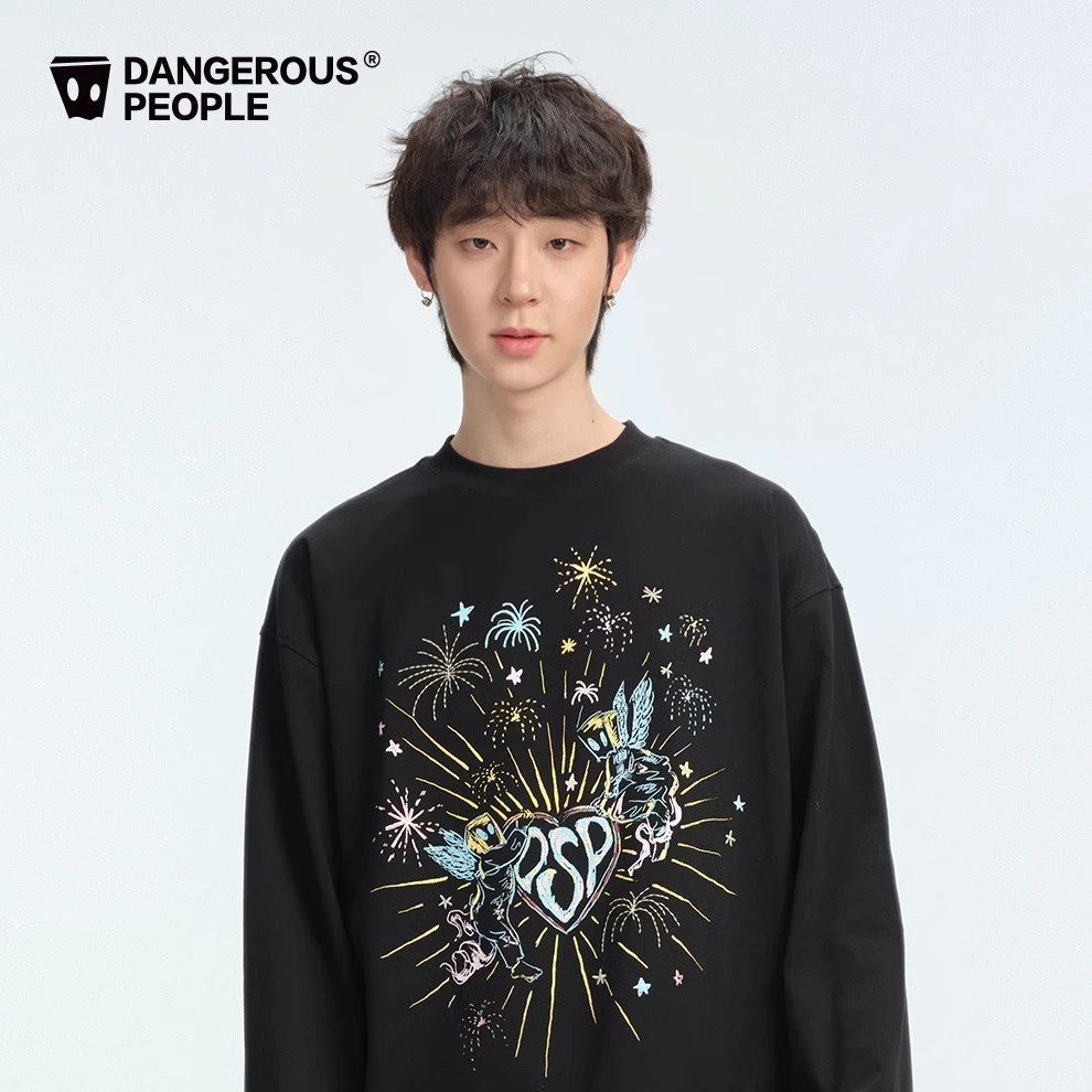 Dangerouspeople薛之谦dsp复古烟花网印潮酷宽松休闲百搭长袖T恤