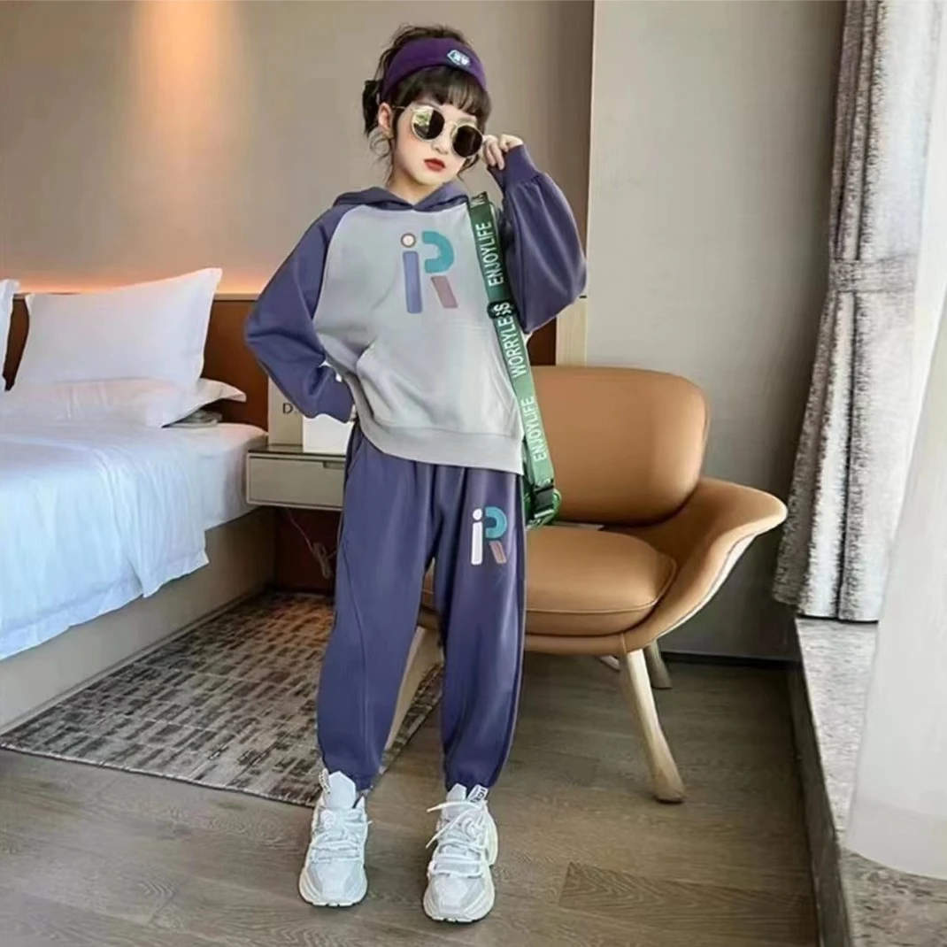 儿童卫衣加绒套装男女秋装拼色长袖洋气中大童休闲运动套装R字母