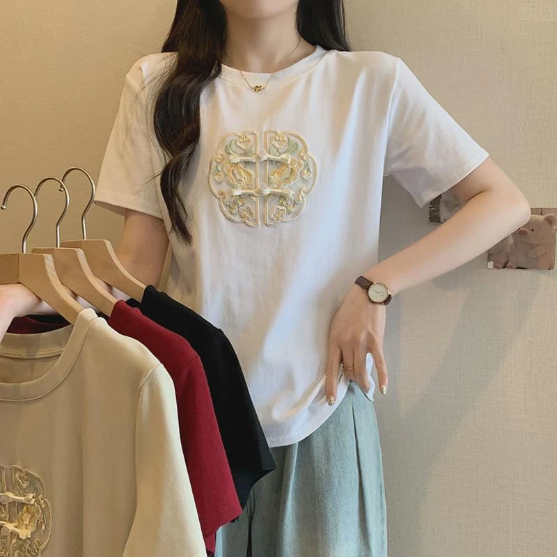 白色刺绣国风圆领短袖新中式正肩T恤女装2024早春新款甜辣小上衣