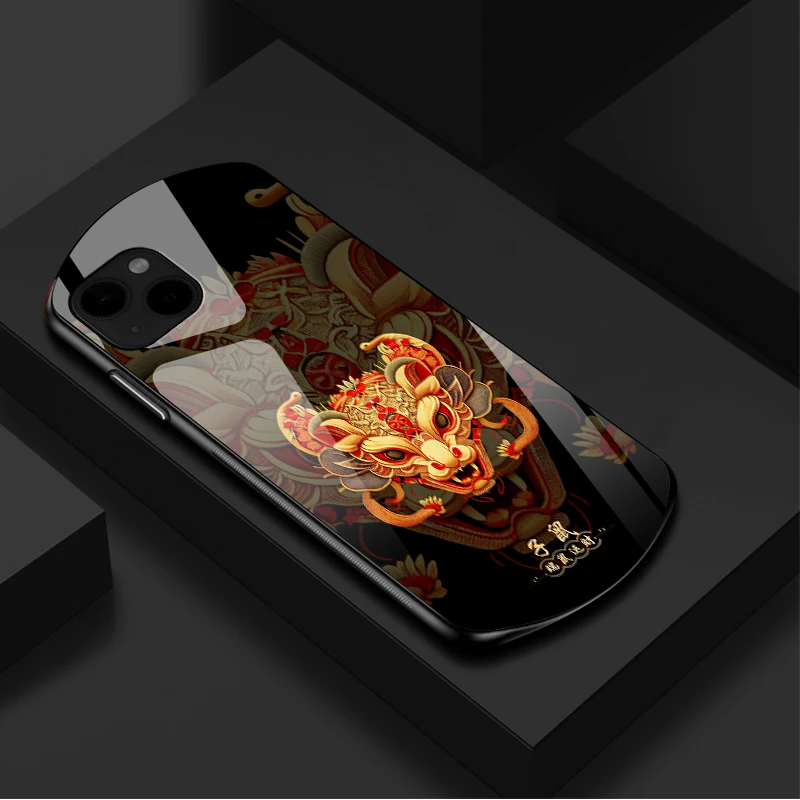 【弧形玻璃吉祥生肖】适用苹果14PLUS手机壳椭圆形保护套硬壳时尚