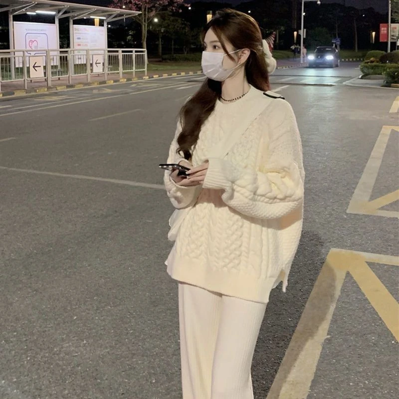 2023加绒加厚开叉毛衣女新款秋冬宽松外穿慵懒风麻花针织套头上衣