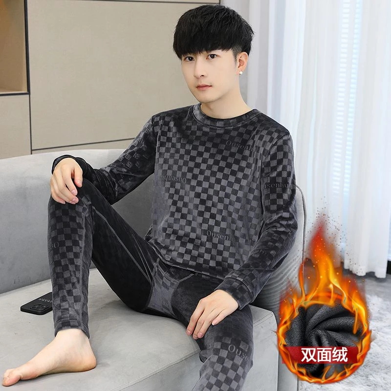 冬季保暖内衣男加绒加厚套装青年金丝绒中领打底衫双面绒秋衣秋裤