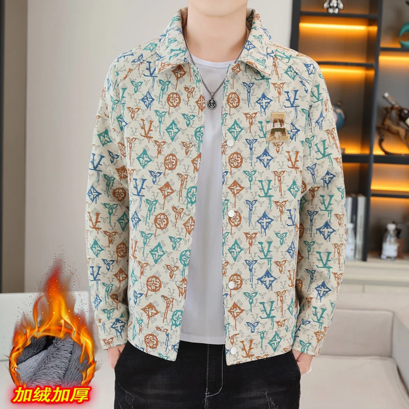 提花色织秋冬季韩版加绒加厚夹克外搭男民族风宽松版上衣男外套潮