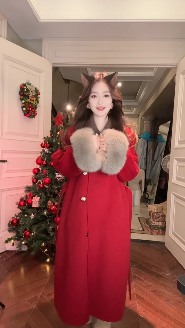 「恭喜发财」毛领羊毛大衣高级感秋外套女新款宽松双面羊毛呢子