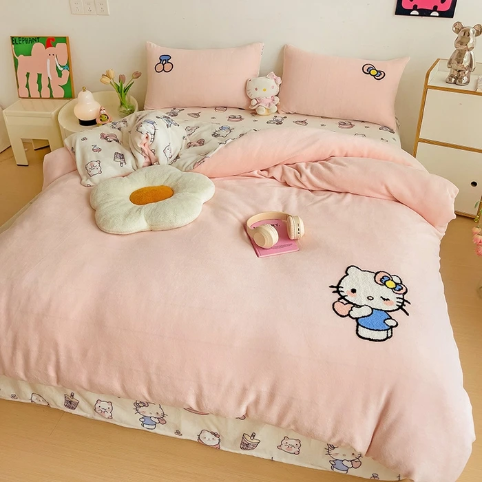 粉色女生牛奶绒四件套冬天儿童加厚保暖被套三件套床单单人床上用