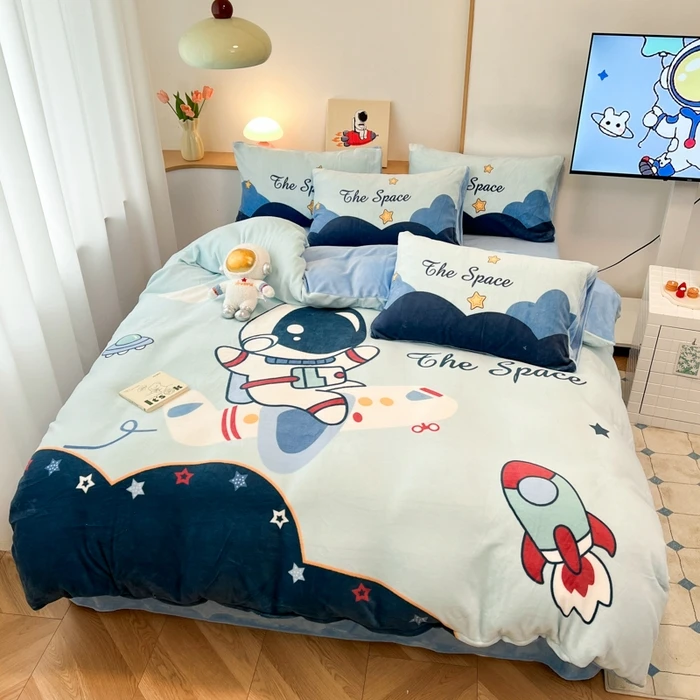 太空人牛奶绒四件套冬季法兰绒保暖被套男孩宇航员儿童被单三件套