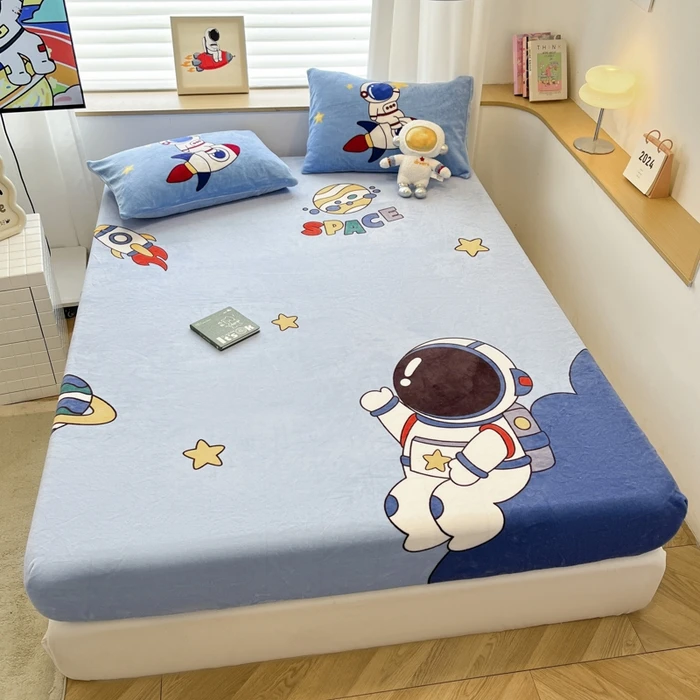 太空人冬天牛奶绒床笠床垫套男孩儿童单人床罩宇航员保暖床单枕套