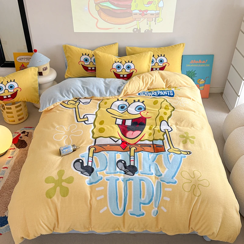 海绵宝宝儿童四件套牛奶绒冬天保暖被套床单被罩卡通单人床三件套