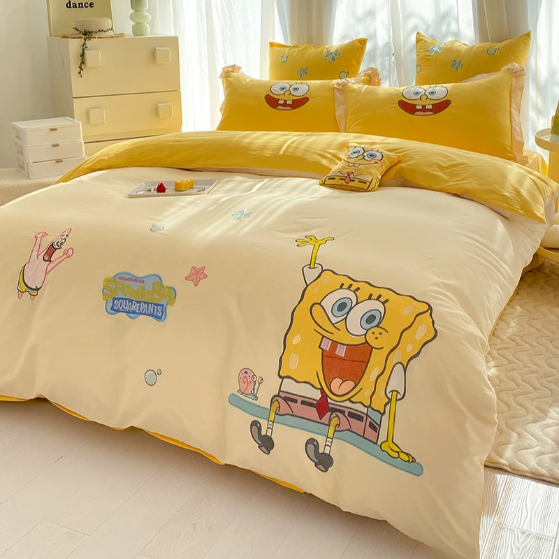 海绵宝宝纯棉四件套可爱全棉三件套卡通女孩被套绣花儿童房床上用