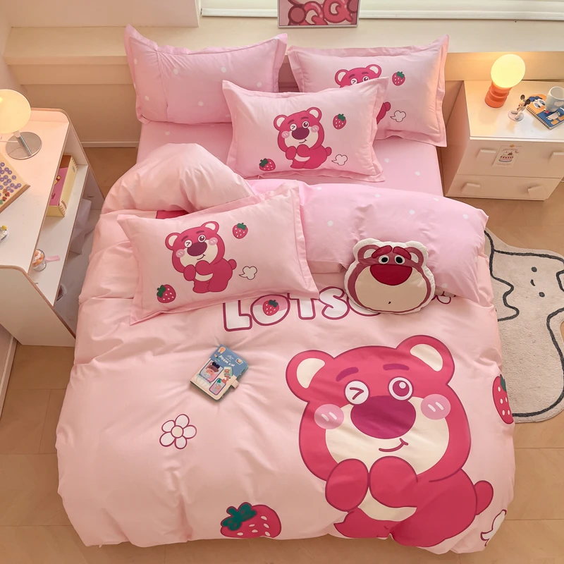 迪士尼纯棉四件套儿童女孩全棉卡通三件套可爱粉色草莓熊被套单人
