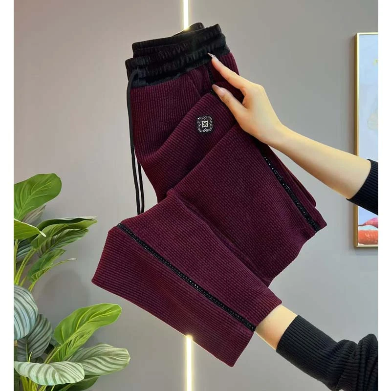 冬季新款欧棉绒小脚奶奶裤宽松直筒哈伦裤女加厚洋气拼条老爹裤