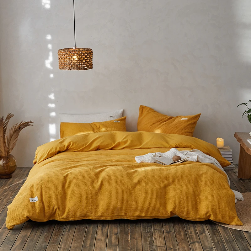 【超级红】姜黄 华夫格 高支高密全棉水洗色织四件套