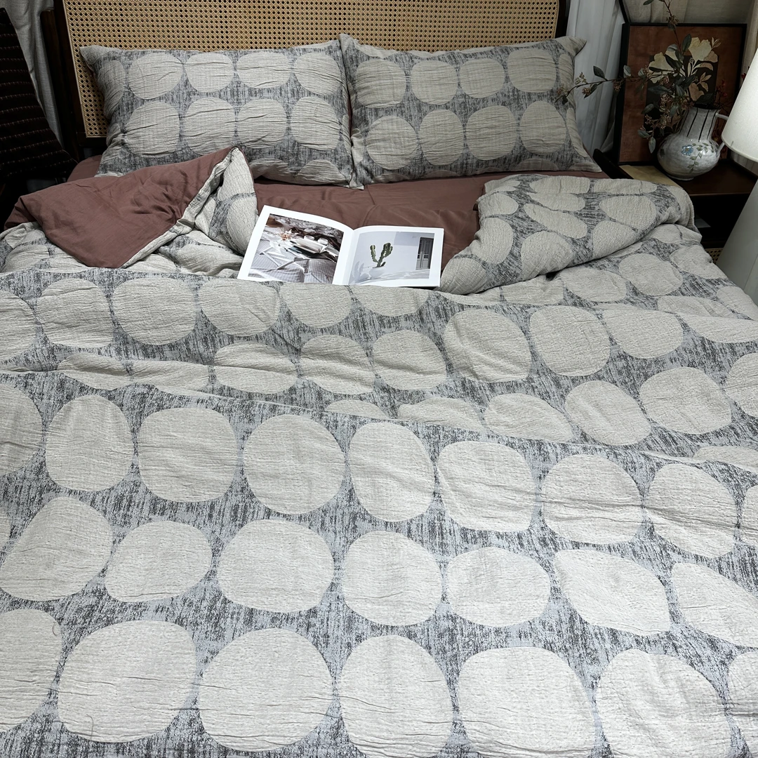 【超级红】泡泡糖米色 设计师款全棉空气层色织纱布四件套