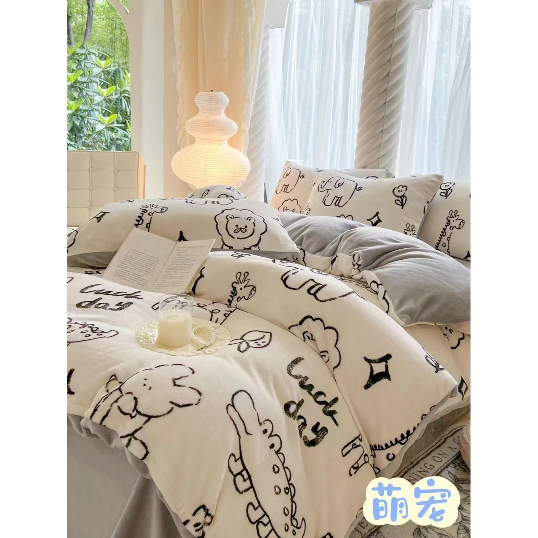 【超级红】萌宠 加厚牛奶绒印花四件套