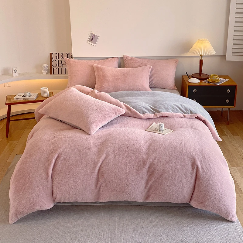 【超级红】藕荷粉 纯色兔毛牛奶绒四件套床单被套床上用品