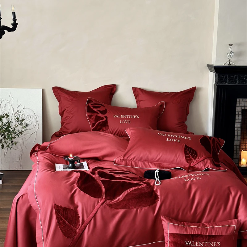 【超级红】玫瑰花语 高支高密长绒棉婚庆刺绣四件套