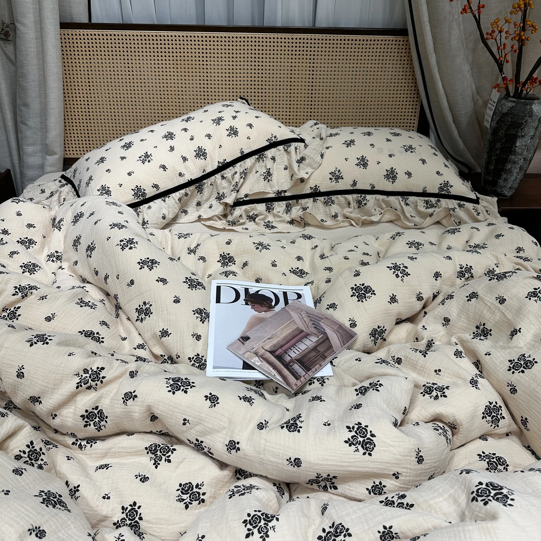 【超级红】黑加仑 设计师款全棉皱皱纱四件套床单被套床上用品