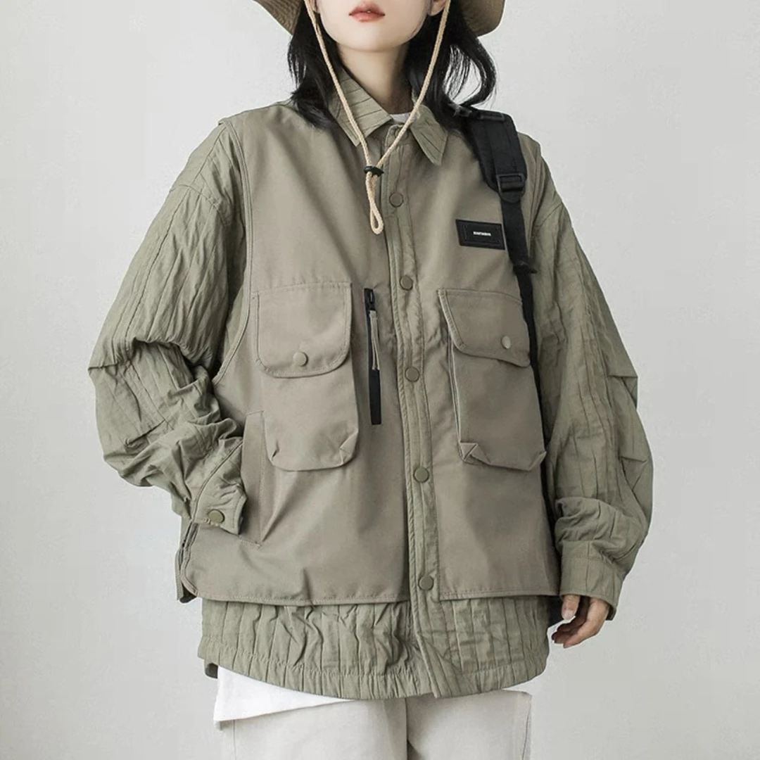 秋季男女工装马甲拼接假两件翻领夹克户外休闲百搭复古上衣ONE-77