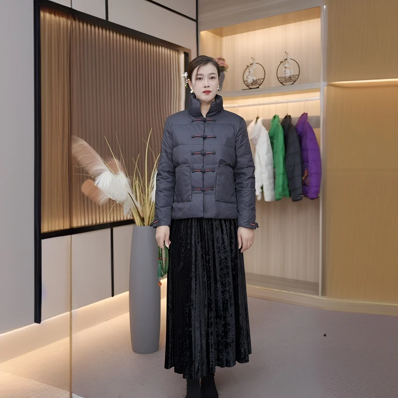 羽绒服立领短款盘扣民族风白鸭绒外套休闲