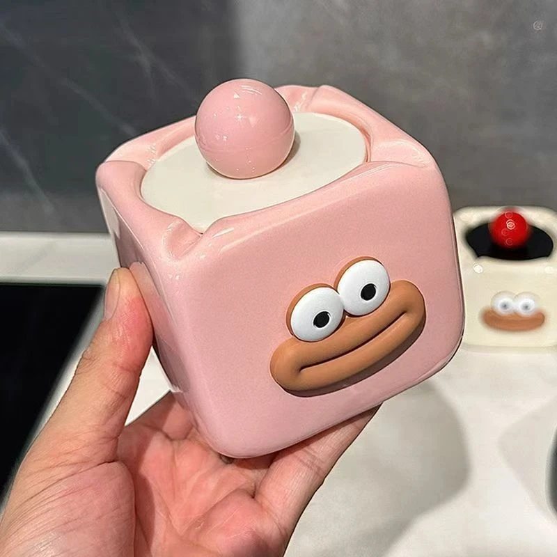 可爱创意烟灰缸家用奶油风客厅陶瓷烟盅带盖防飞灰高级感烟缸轻奢