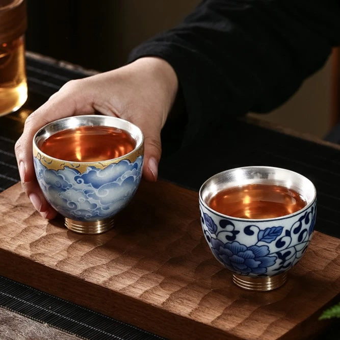 999纯银杯手工青花瓷功夫茶杯内胆鎏银主人杯银茶碗小品茗杯单杯