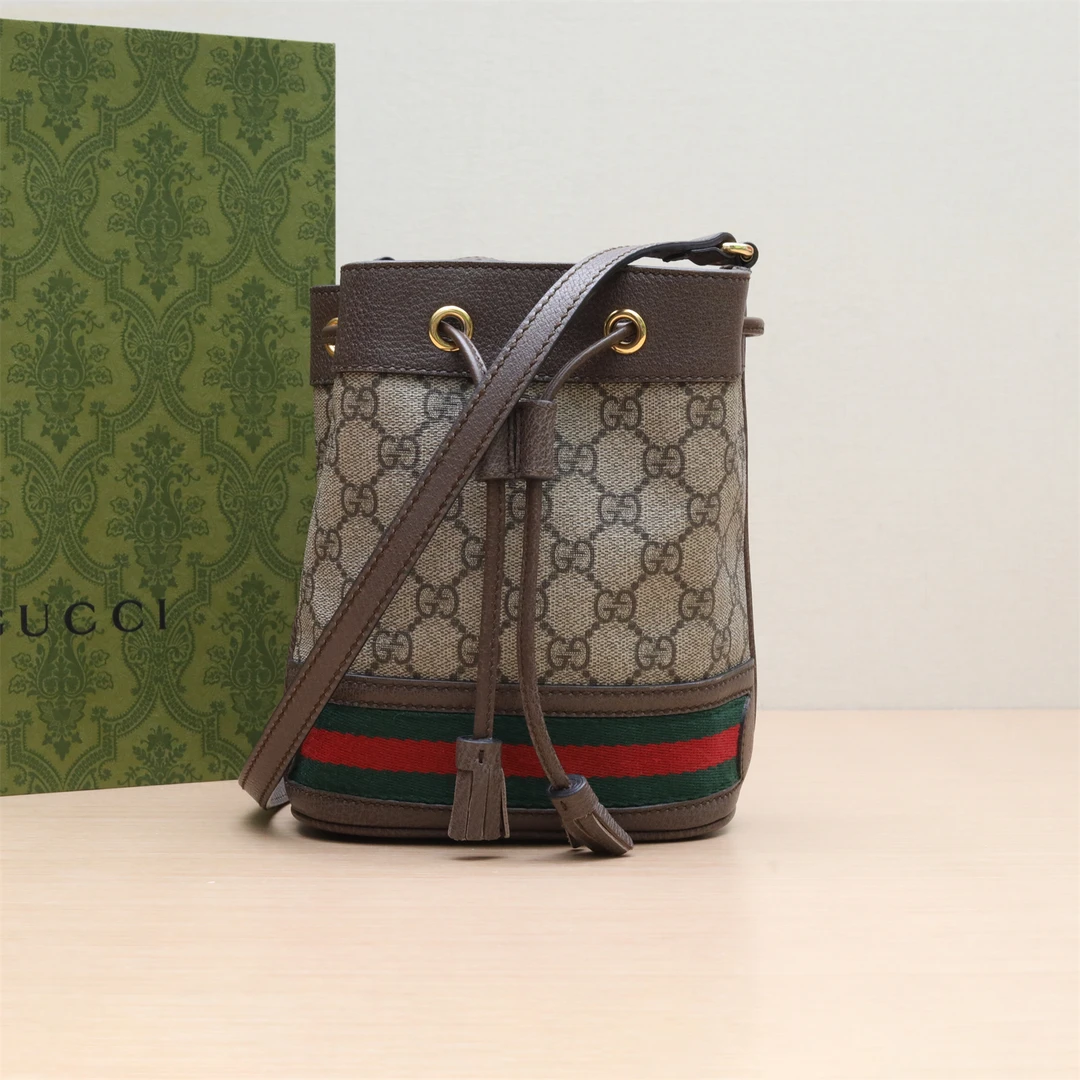 95新 GUCCI/古驰 Ophidia 抽绳水桶包 Mini 15.5 乌木P234140310