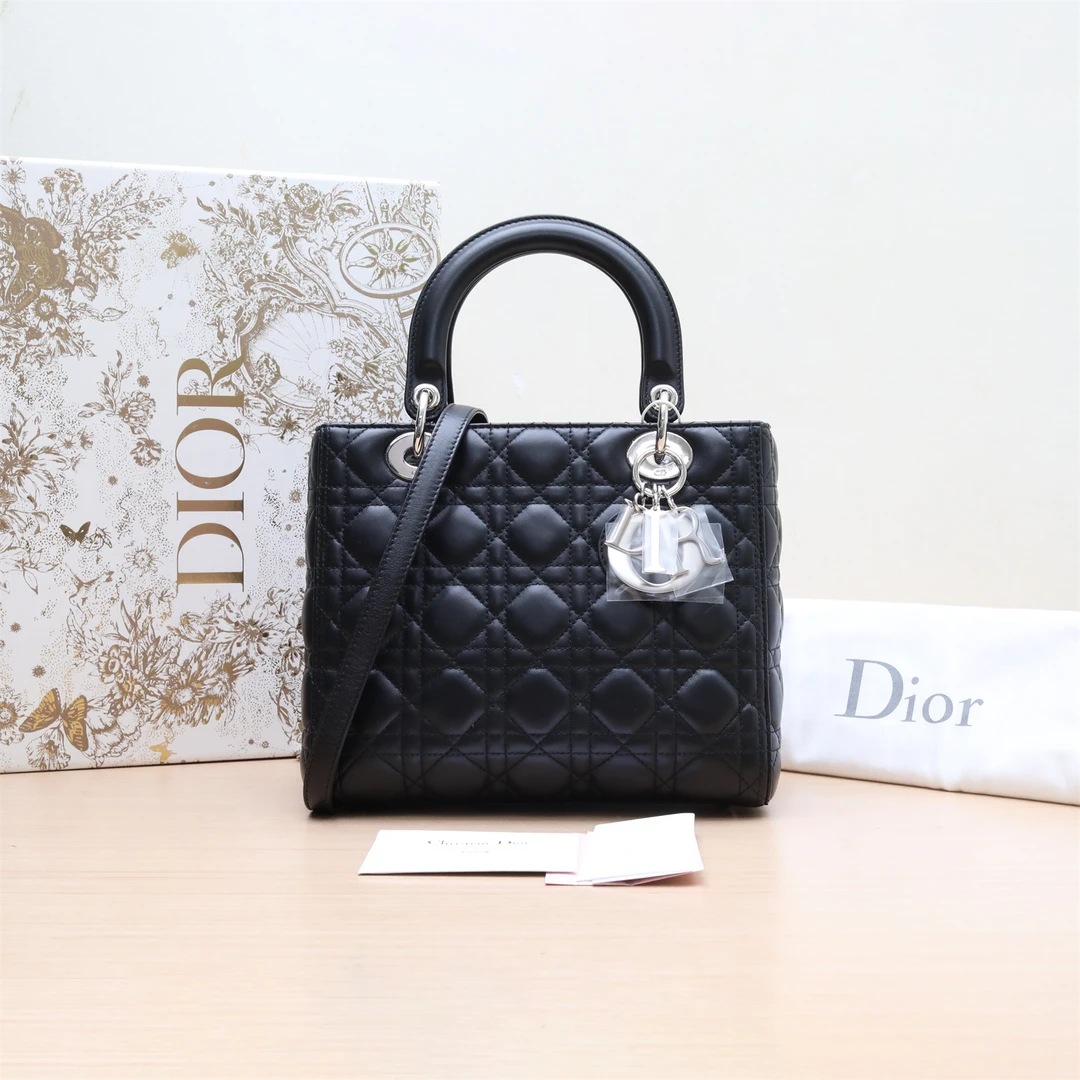 95新 DIOR/迪奥 Lady Dior 戴妃包五格 黑色 皮革S银扣P224297962