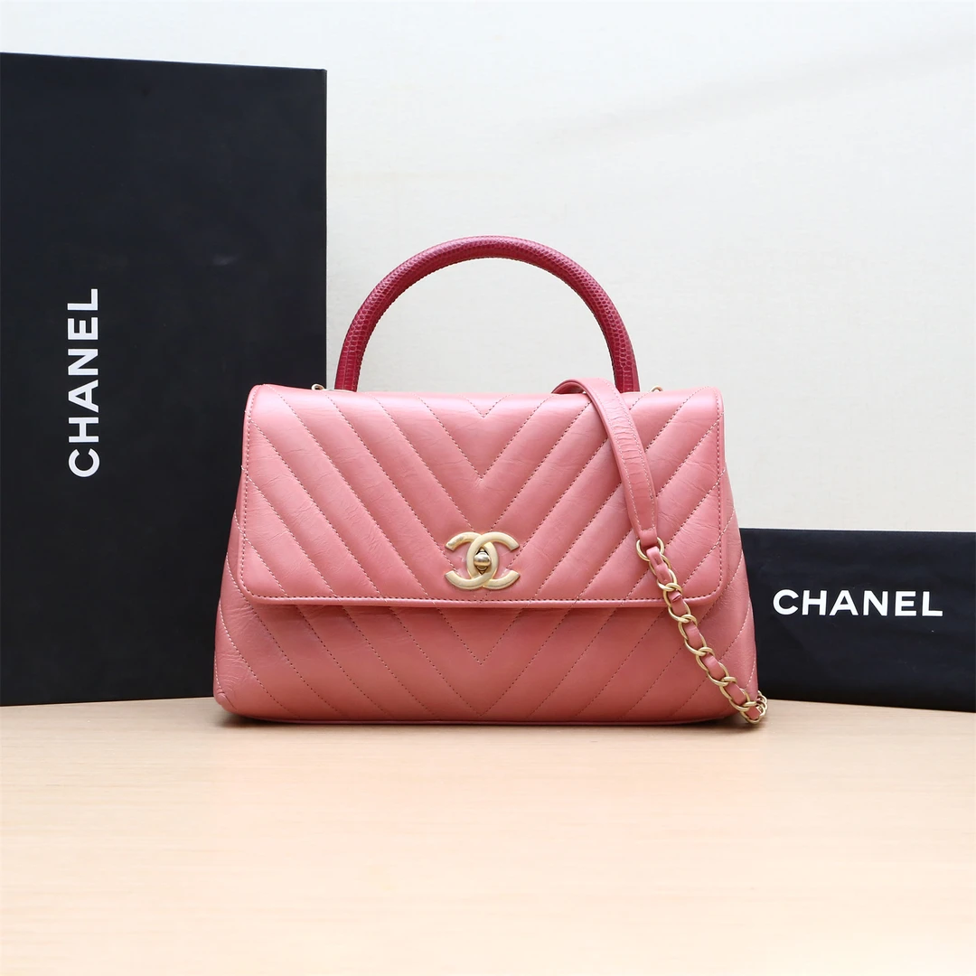95新 Chanel/香奈儿 Coco Handle包 中号 粉色25开 P224409789