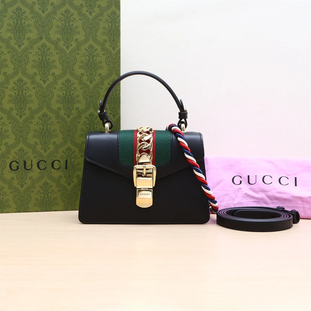 95新 GUCCI/古驰 Sylvie 丝带包 手提 Mini 20 黑色 P224621965