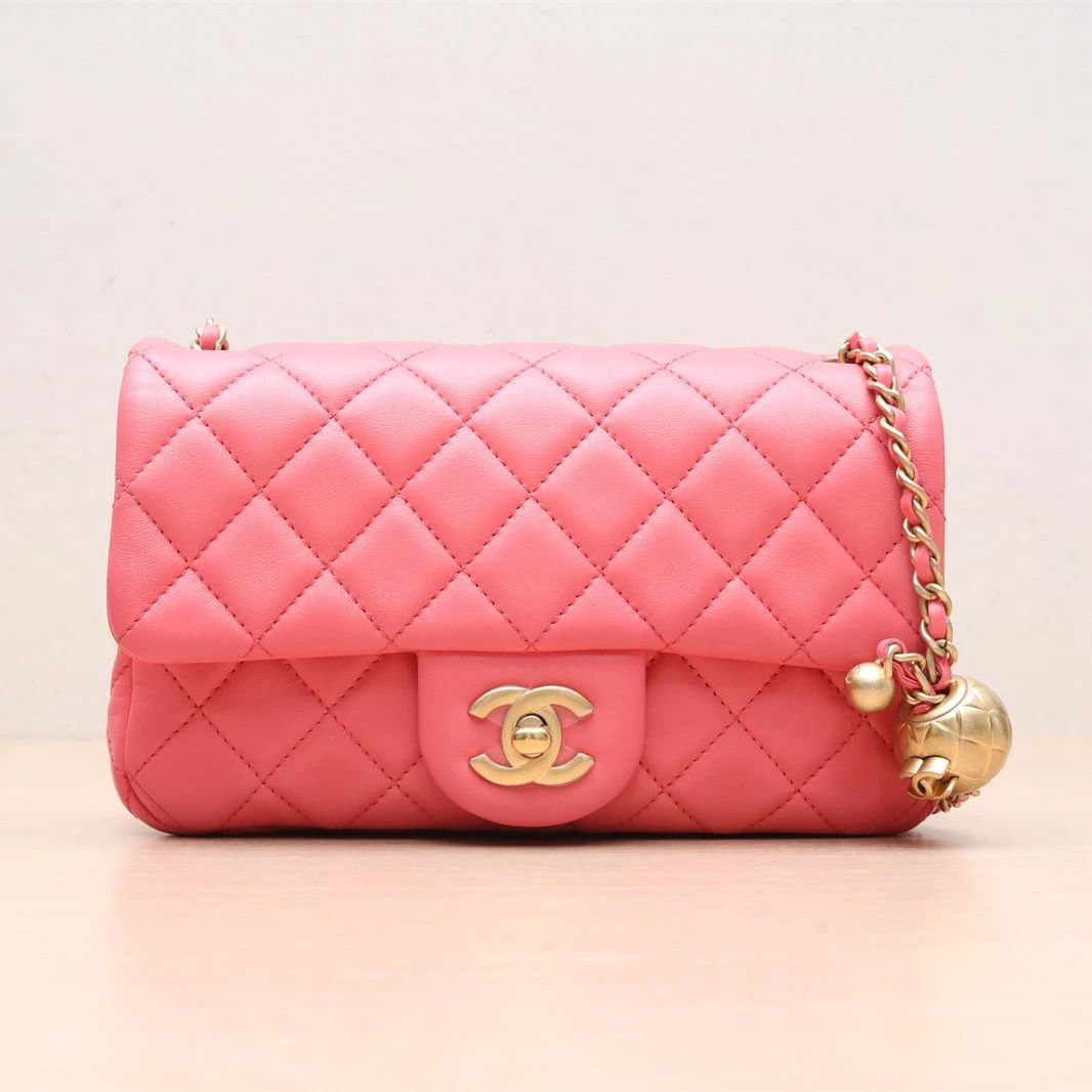 95新 Chanel/香奈儿 口盖包 大Mini 粉红色皮革S 30开 P214554904