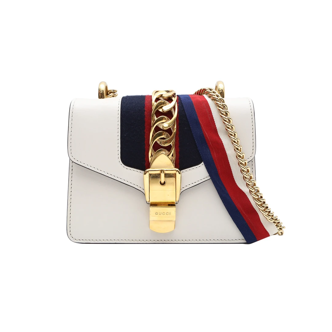 95新 GUCCI/GUCCI Sylvie 丝带包 MINI 白色 皮革C P224084994