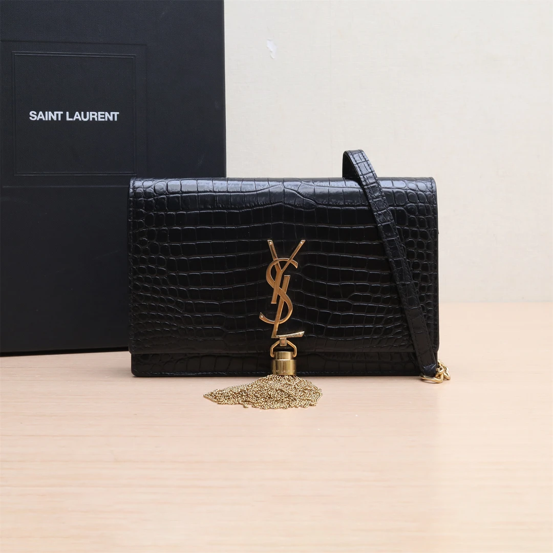 95新 YSL/圣罗兰 斜挎包 小号 鳄压纹 黑色 P234551408