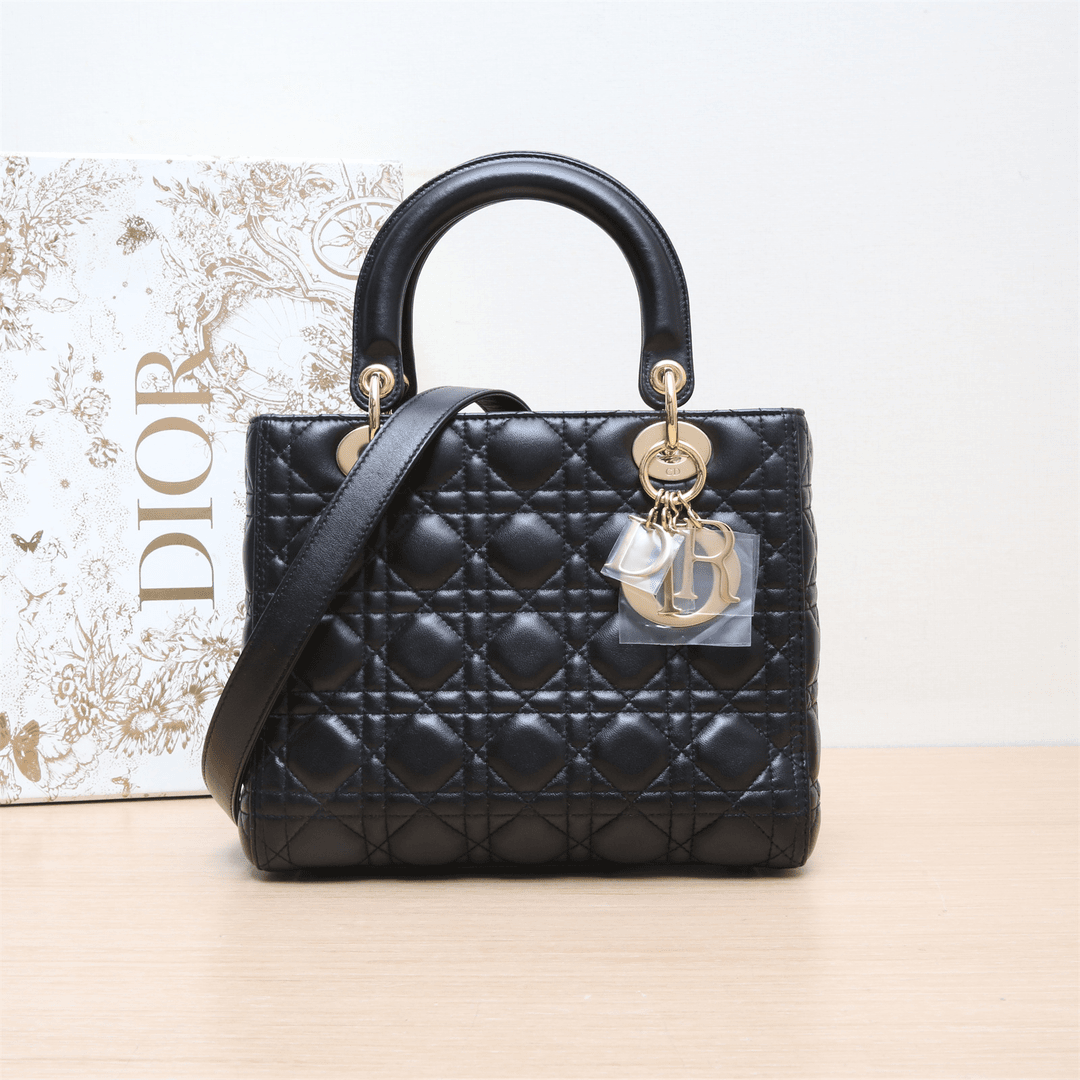 95新 DIOR/迪奥 Lady Dior 戴妃包五格 黑色金扣 2016 P224410168
